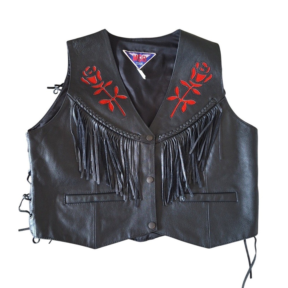 MOB BLACK Women's Biker Leather 
FLORAL Vest Size 16